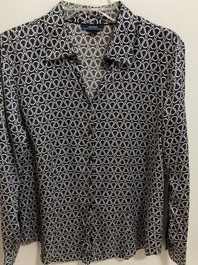 Women’s 100% Silk Nautical LS Button Up Blouse, Size 12